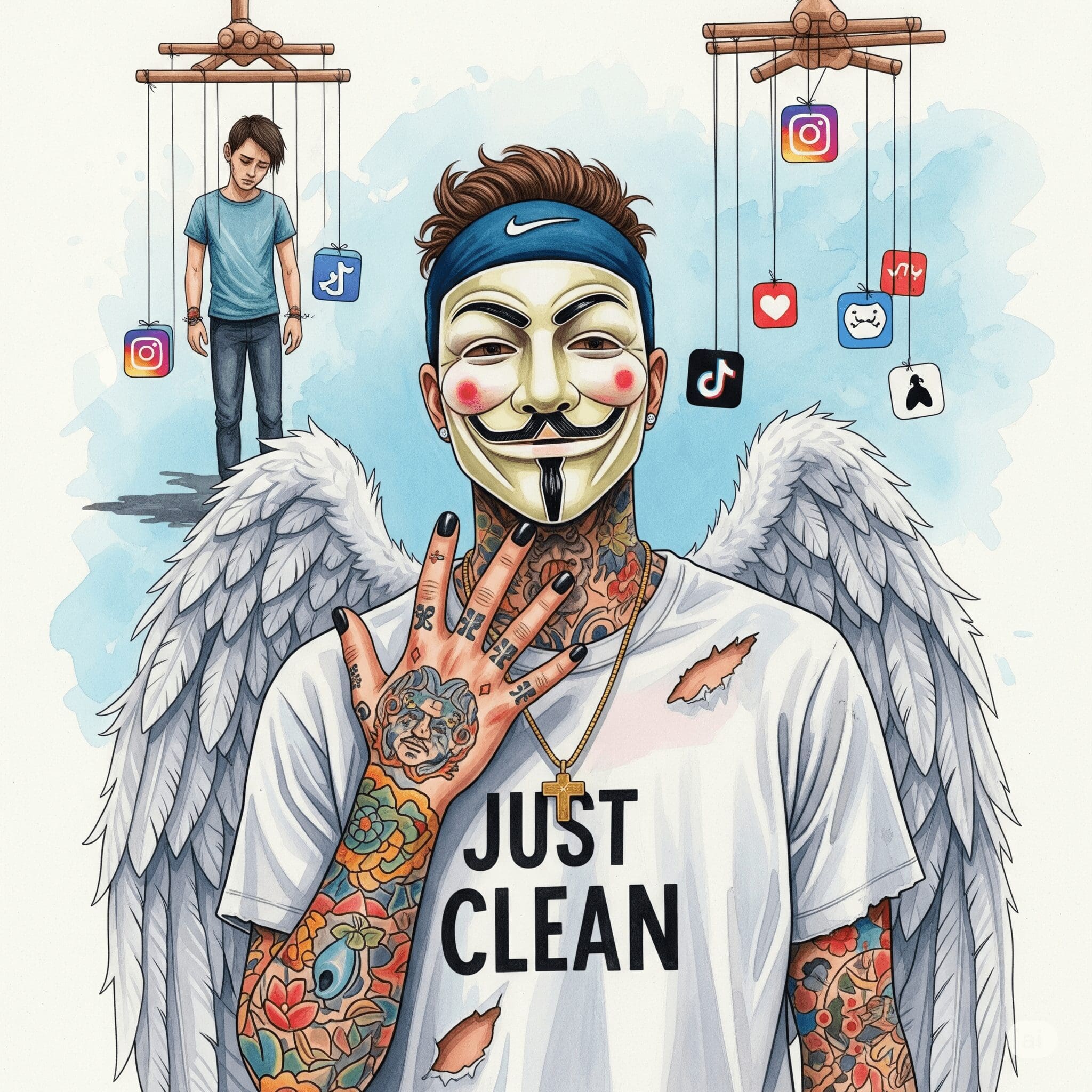 Eine stilisierte Grafik einer Person, die wie eine Marionette von Fäden, die zu App-Icons (Instagram, TikTok etc.) führen, gesteuert wird. Die Person wirkt müde und resigniert. "Kontrollverlust Social Media", "Handysucht", "manipulatives Design"