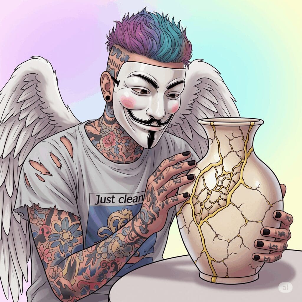 Eine Nahaufnahme einer japanischen Kintsugi-Vase. Die goldenen Risse sind deutlich sichtbar und machen die Vase schöner und einzigartiger als zuvor. Symbolisiert, dass die "Narben" und "Brüche" (Rückfälle) Teil der wertvollen Geschichte sind. "Ehrlichkeit über Rückfälle", "Kintsugi", "Schönheit im Scheitern"