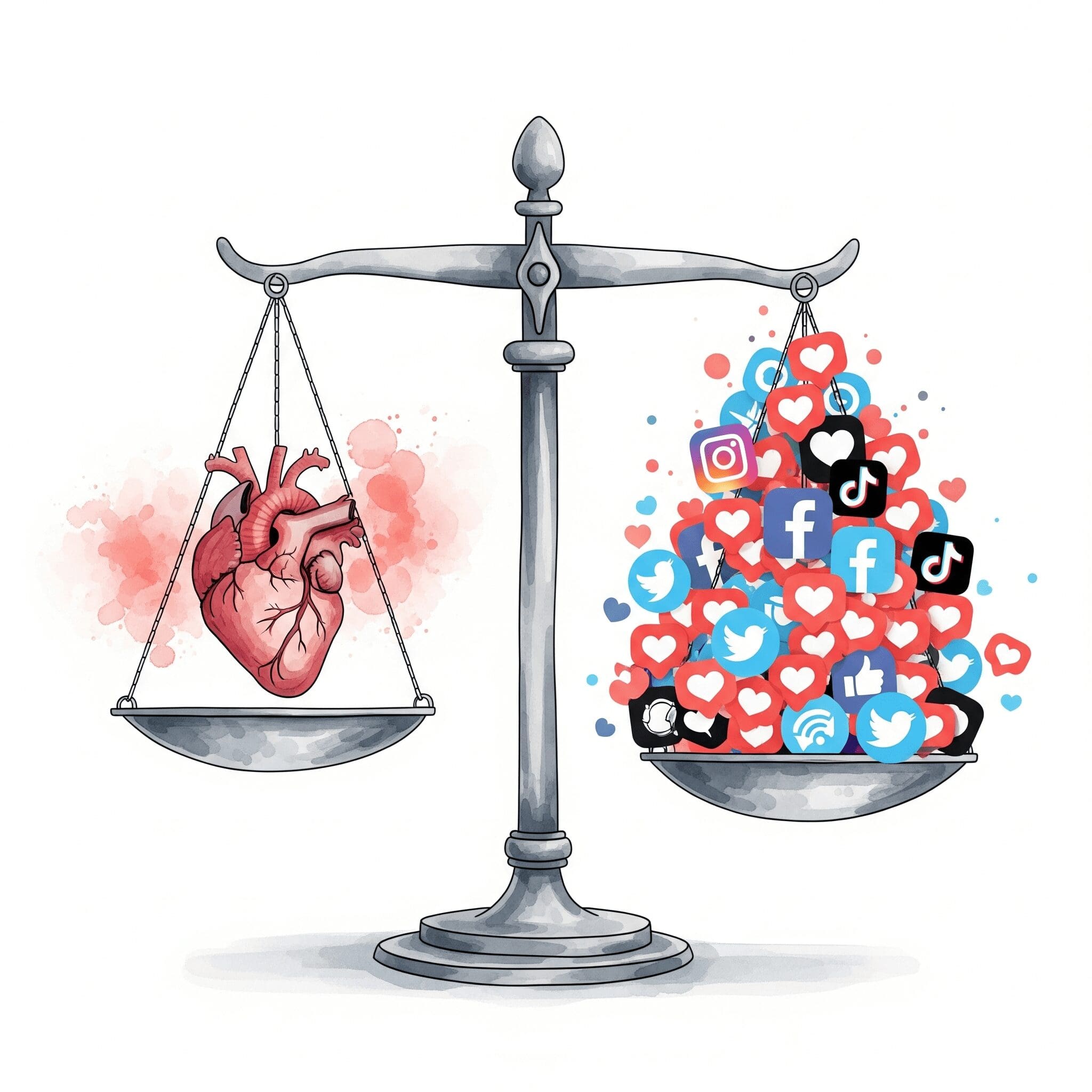 Eine stilisierte Grafik, die eine Waage zeigt. Auf der einen Seite liegt ein echtes Herz ❤️. Auf der anderen Seite liegt ein Haufen von "Like"-Herzen und App-Icons, die das echte Herz scheinbar mühelos aufwiegen. Symbolisiert den unfairen Vergleich. "Vergleich auf Social Media", "Beziehungsprobleme", "unrealistische Erwartungen"