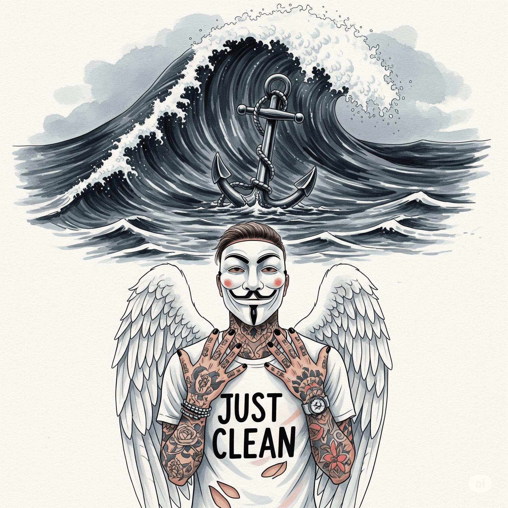 Ein einzelner, stabiler Anker, der fest im Meeresboden verankert ist, während eine große, dunkle Welle über ihn hinwegbricht, aber ihn nicht bewegt. Die Szene ist dramatisch, aber hoffnungsvoll. Suchtdruck überwinden, Akut-Anker Tool, Halt bei Craving