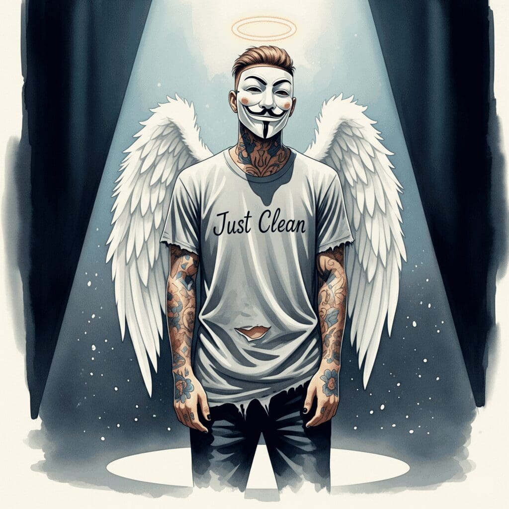 Ein atmosphärisches, respektvolles Foto von T-Low auf einer Bühne im Spotlight. Er wirkt nachdenklich, nicht glorifizierend. Alternativ eine stilisierte Grafik von Kopfhörern, aus denen düstere, aber ehrliche Textzeilen strömen. "T-Low über Sucht", "Deutschrap und Drogen", "ehrliche Songtexte"