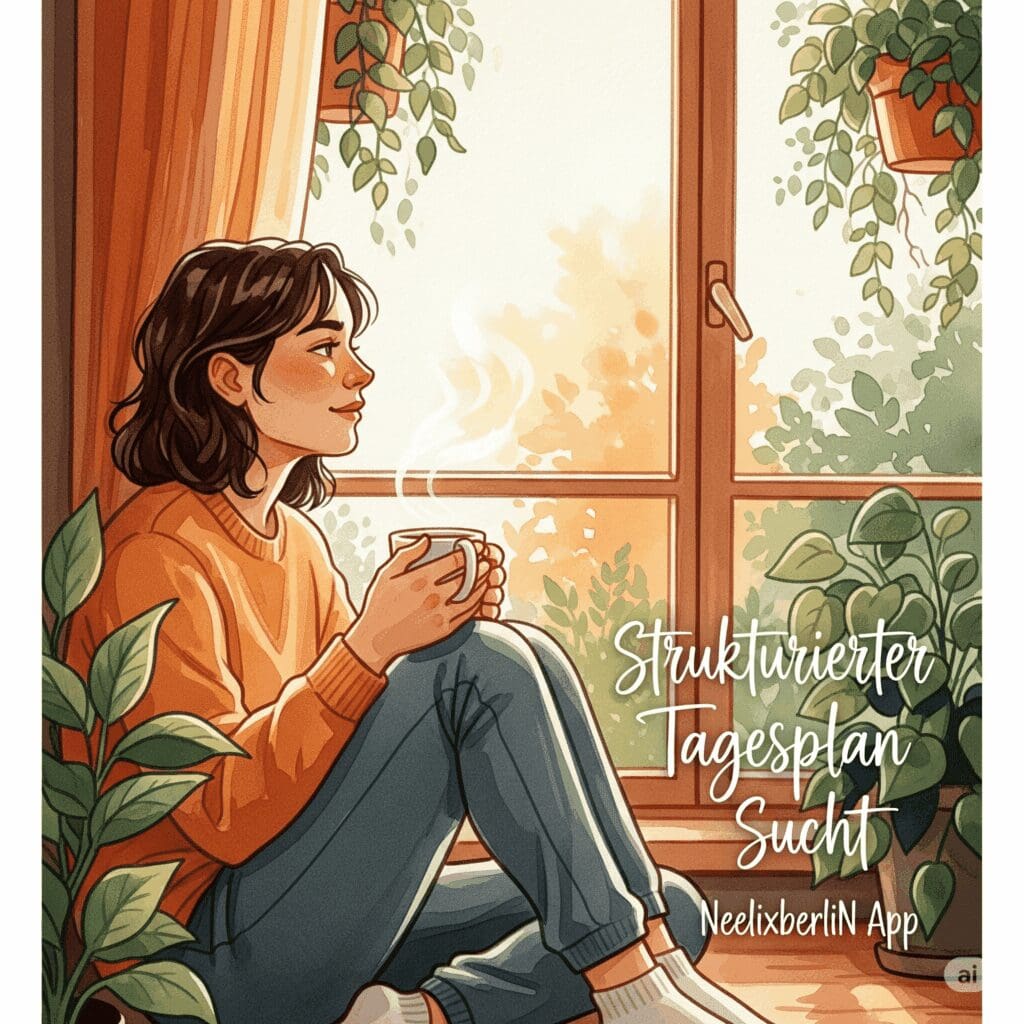 Ein Bild der "Tages-Anker"-Ausgabe auf einem Handy. Man sieht klar die Struktur mit der Affirmation und den Tagesphasen. "Tages-Anker KI-Tool", "Strukturierter Tagesplan Sucht", "NeelixberliN App"