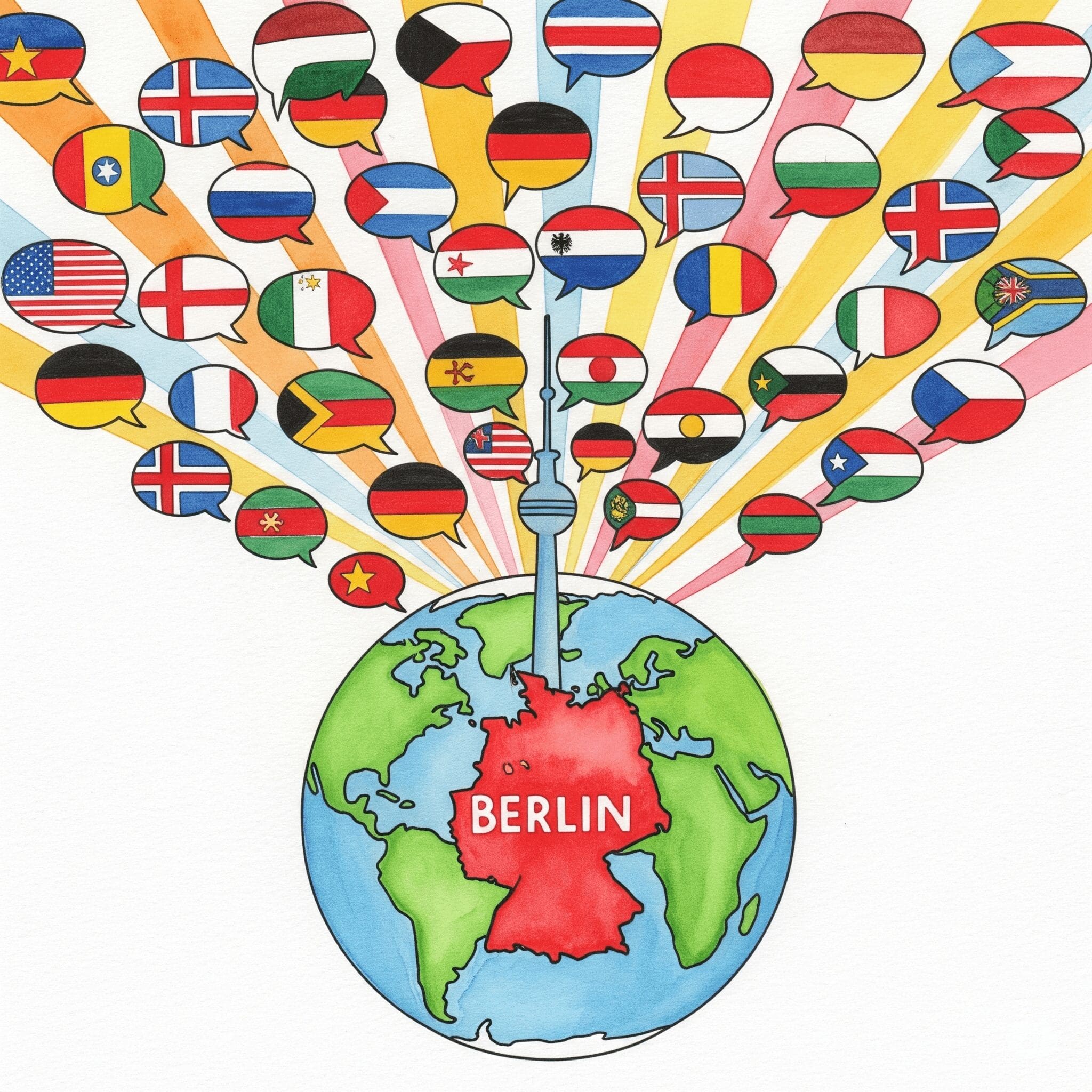 Eine stilisierte Weltkugel oder die Silhouette von Berlin. Aus ihr strahlen verschiedene Sprechblasen mit den jeweiligen Flaggen der 9 Sprachen. Symbolisiert die Mehrsprachigkeit und die globale Reichweite. "mehrsprachige Suchthilfe", "kultursensible Beratung", "Hilfe ohne Sprachbarriere"
