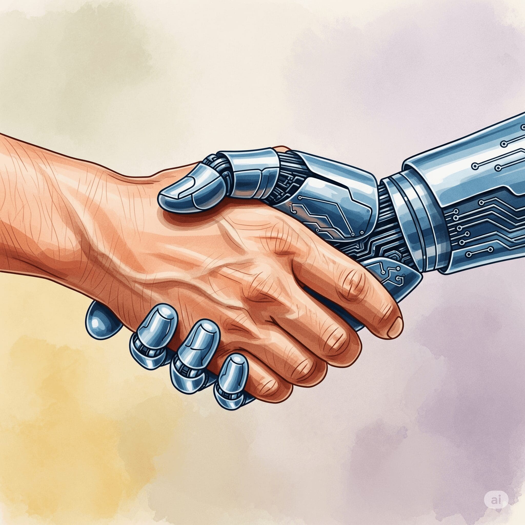 Ein kraftvolles, symbolisches Bild einer menschlichen Hand und einer Roboter- / KI-Hand, die sich in einem unterstützenden Händedruck begegnen. Der Hintergrund ist neutral und ruhig. "KI und Mensch", "technologische Unterstützung", "empathische KI"