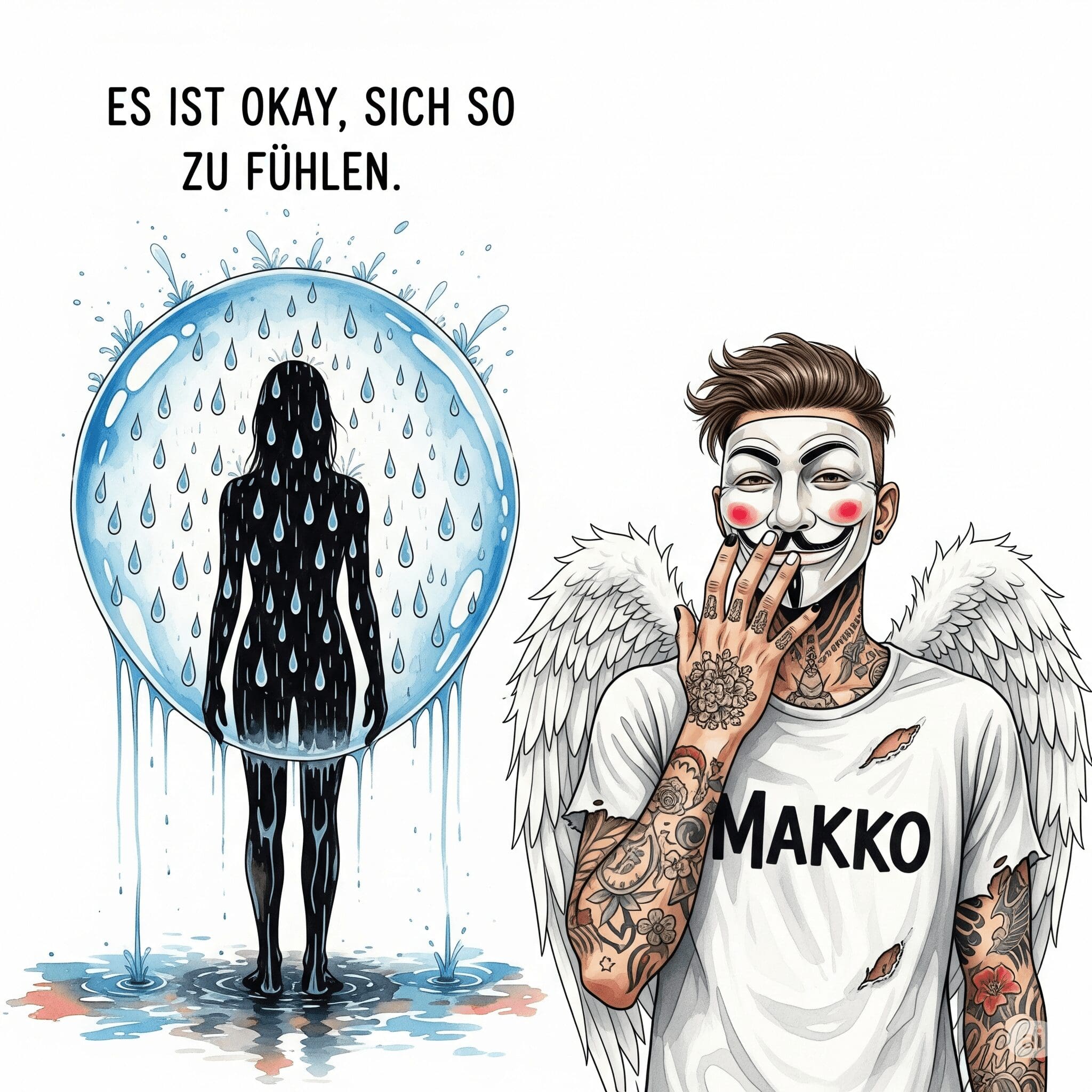 Ein atmosphärisches, körniges Foto von Makko, das seine nachdenkliche, introspektive Seite zeigt. Vielleicht schaut er aus einem Fenster in den Regen oder sitzt allein auf einer Bank. "Makko Songs", "melancholischer Deutschrap", "Texte über mentale Gesundheit"