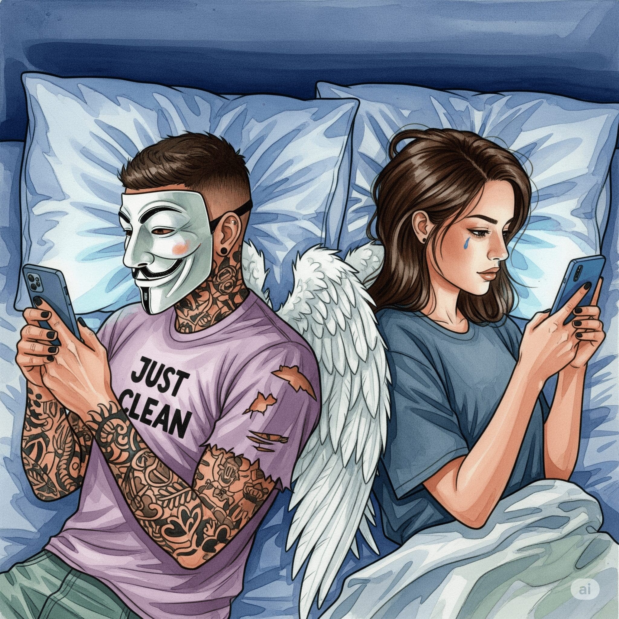 Ein Foto eines Paares, das im Bett oder auf dem Sofa Rücken an Rücken liegt. Jeder starrt auf sein eigenes leuchtendes Smartphone, das Gesicht vom kalten Licht des Bildschirms erhellt. Die Szene wirkt distanziert und einsam. "Handysucht in Beziehung", "emotionale Distanz", "digitale Welt"