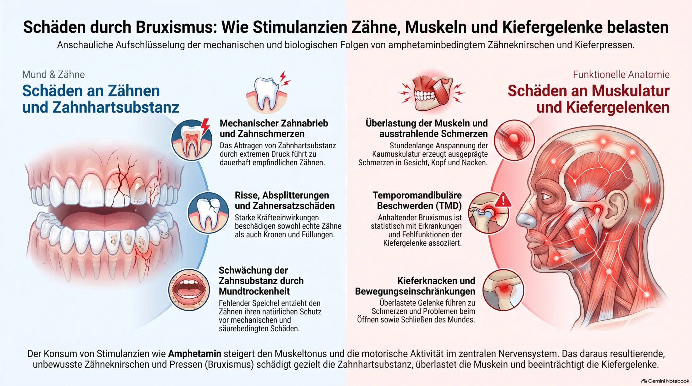 Schäden durch amphetaminbedingten Bruxismus an Zähnen, Kaumuskeln und Kiefergelenk