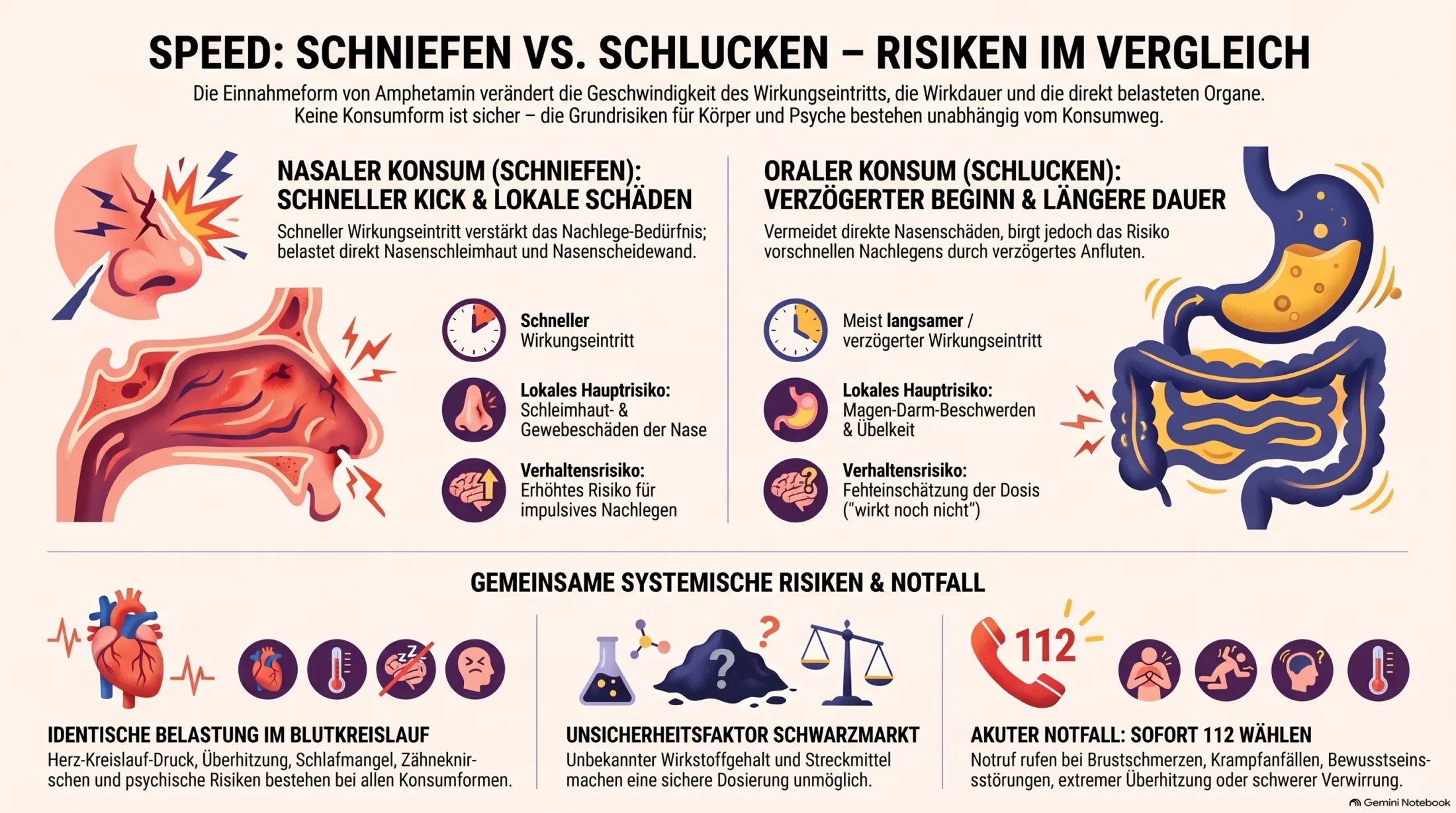 Speed schniefen oder schlucken: Vergleich von Wirkungseintritt, Wirkungsdauer, Nasenschäden und Risiken