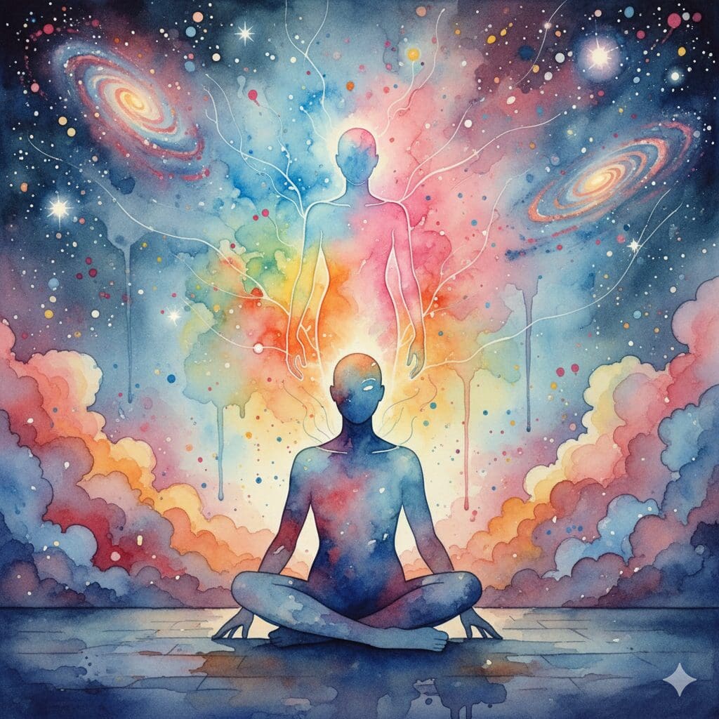 Künstlerische Darstellung des dissoziativen Effekts von DXM, bei dem sich der Geist vom Körper zu trennen scheint.