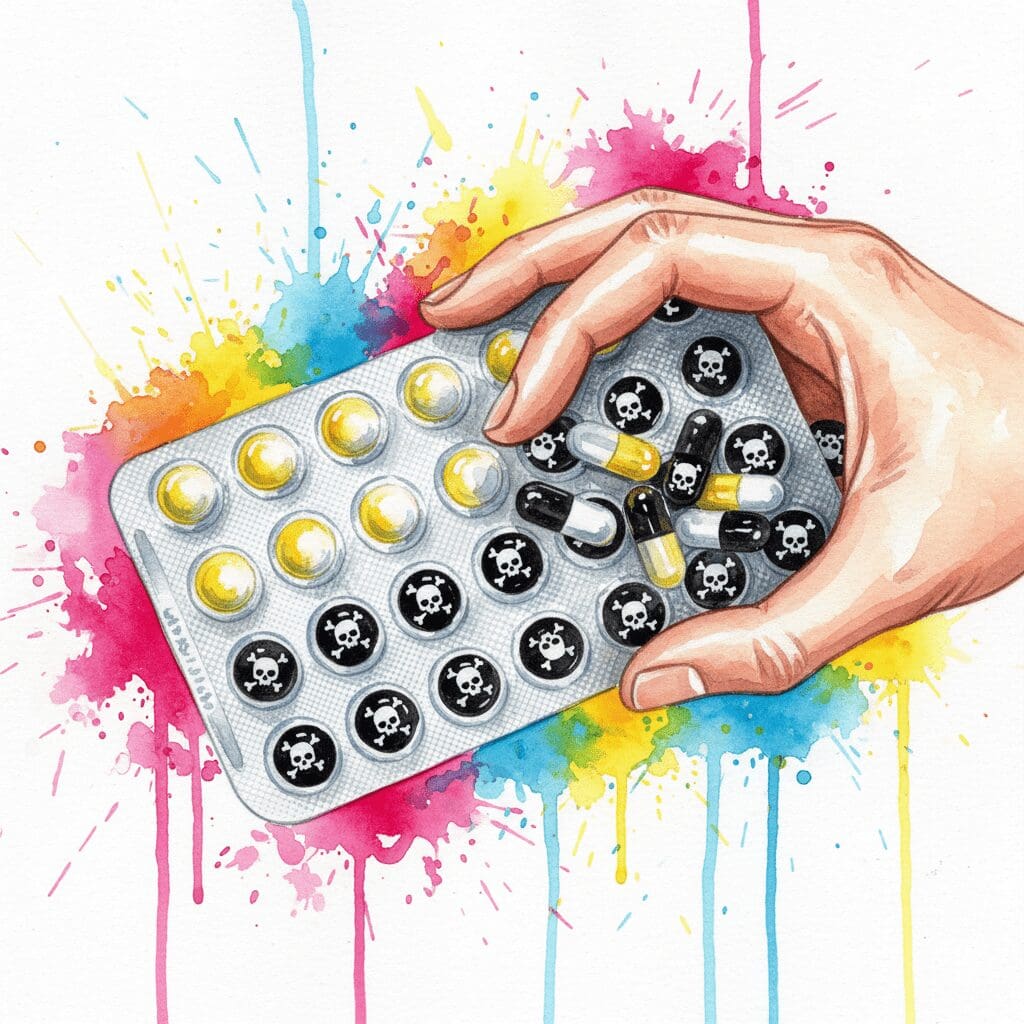 Symbolische Darstellung der Gefahr von DXM-Kombi-Präparaten, bei denen eine Überdosis Paracetamol droht.