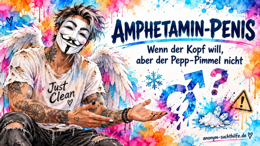 Watercolor-Infografik zum Amphetamin-Penis mit NeelixberliN-Figur, Speed, Erektionsproblemen, Libido und sexueller Gesundheit