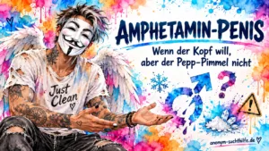 Watercolor-Infografik zum Amphetamin-Penis mit NeelixberliN-Figur, Speed, Erektionsproblemen, Libido und sexueller Gesundheit