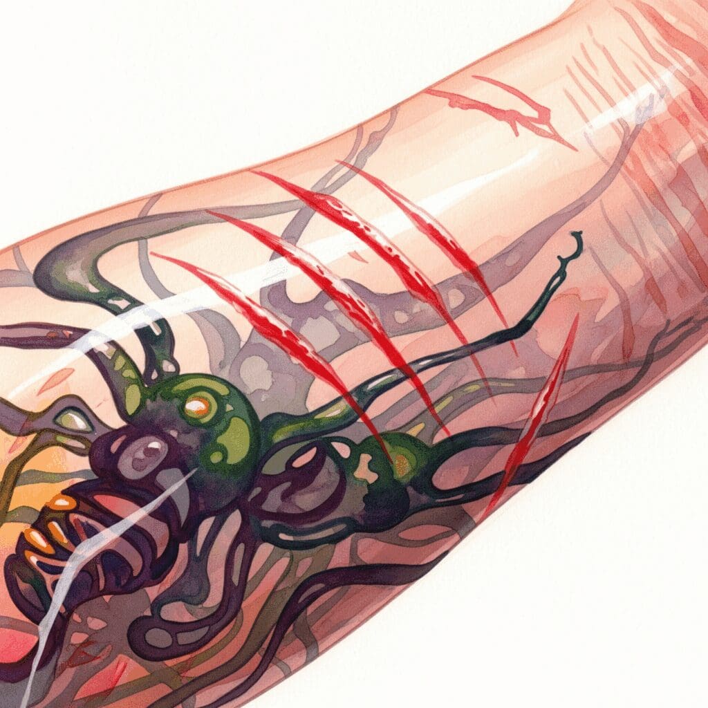 Symbolische Darstellung des Dermatozoenwahns ("Speed-Picker") bei einer Amphetaminpsychose, bei der Käfer unter der Haut zu krabbeln scheinen.