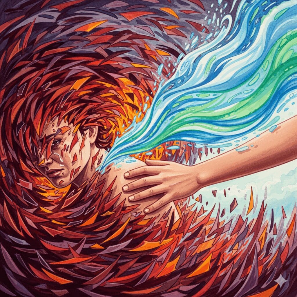 Symbolische Darstellung der Ersten Hilfe bei einer Drogenpsychose, bei der eine ruhige Hand einer Person in einem emotionalen Sturm Halt gibt.