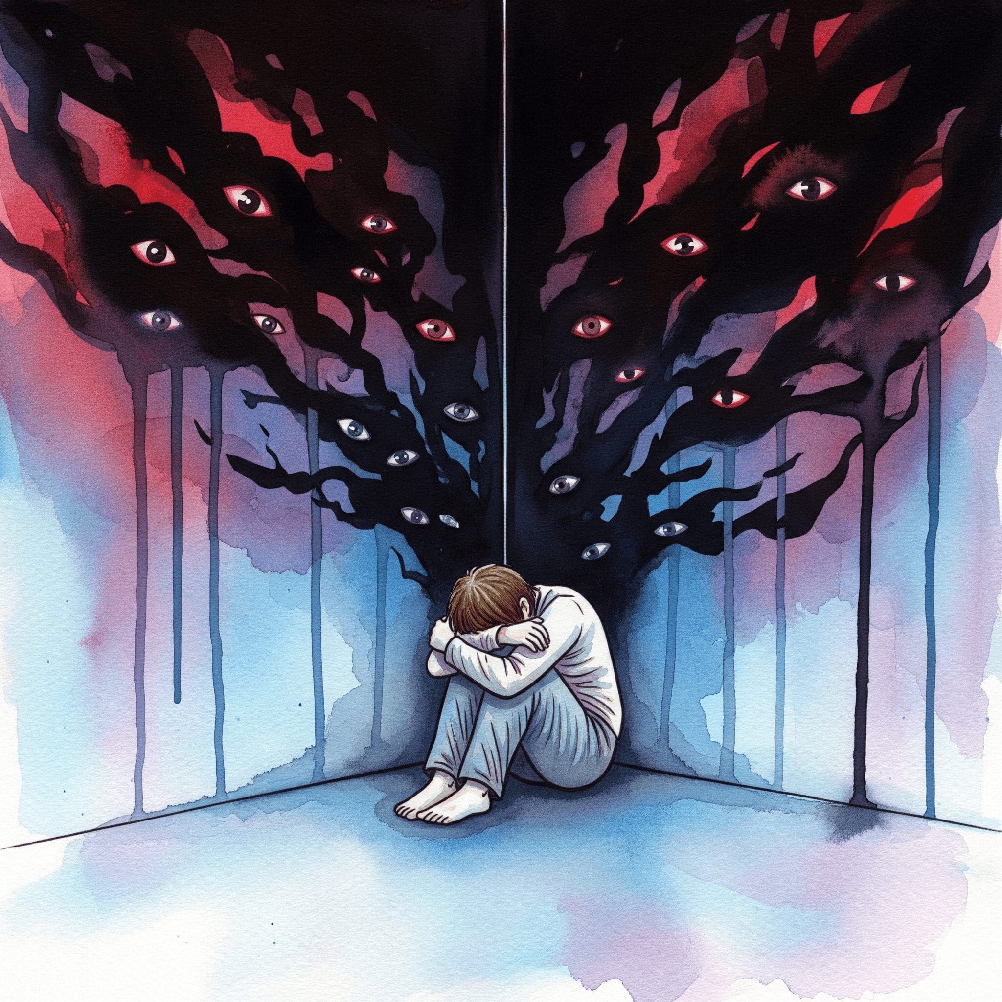 Künstlerische Darstellung der Paranoia bei einer Amphetaminpsychose, gezeigt als eine Person, die von Augen in den Schattenwänden beobachtet wird.