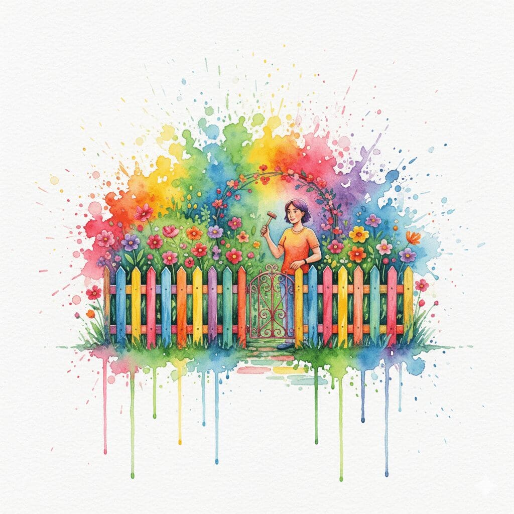 Eine Person baut einen schützenden Zaun um ihren Garten, als Symbol für das Erlernen von gesunden Grenzen und Selbstschutz in der Recovery.