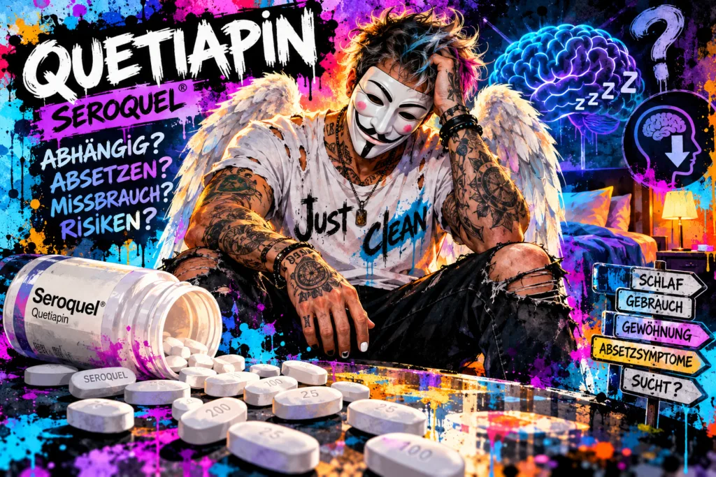 Titelbild zu Quetiapin und Seroquel mit Abhängigkeit, Absetzsymptomen, Missbrauch, Schlaf und Risiken sowie Anonym-Suchthilfe-Markenfigur.