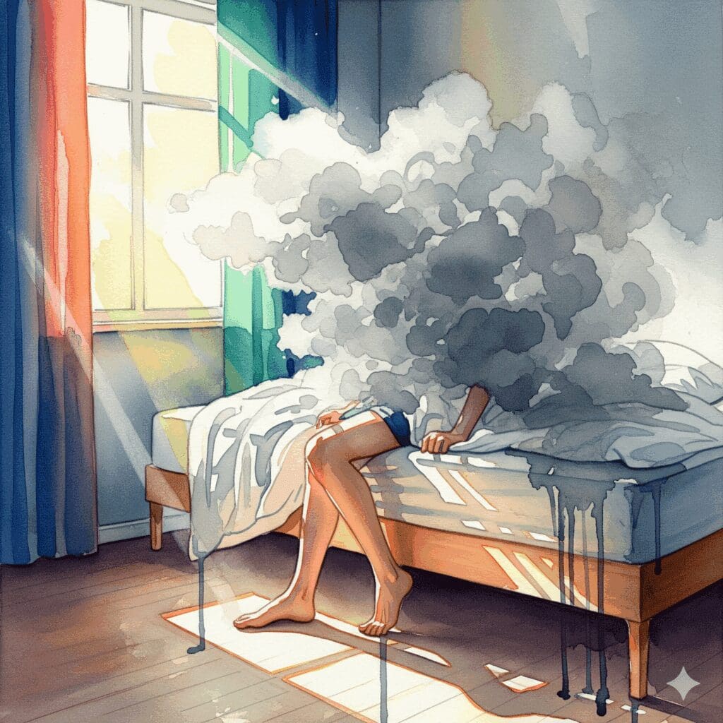 Symbolische Darstellung des "Seroquel-Hangovers", bei dem sich der Kopf am nächsten Tag wie in einem dichten Nebel anfühlt.