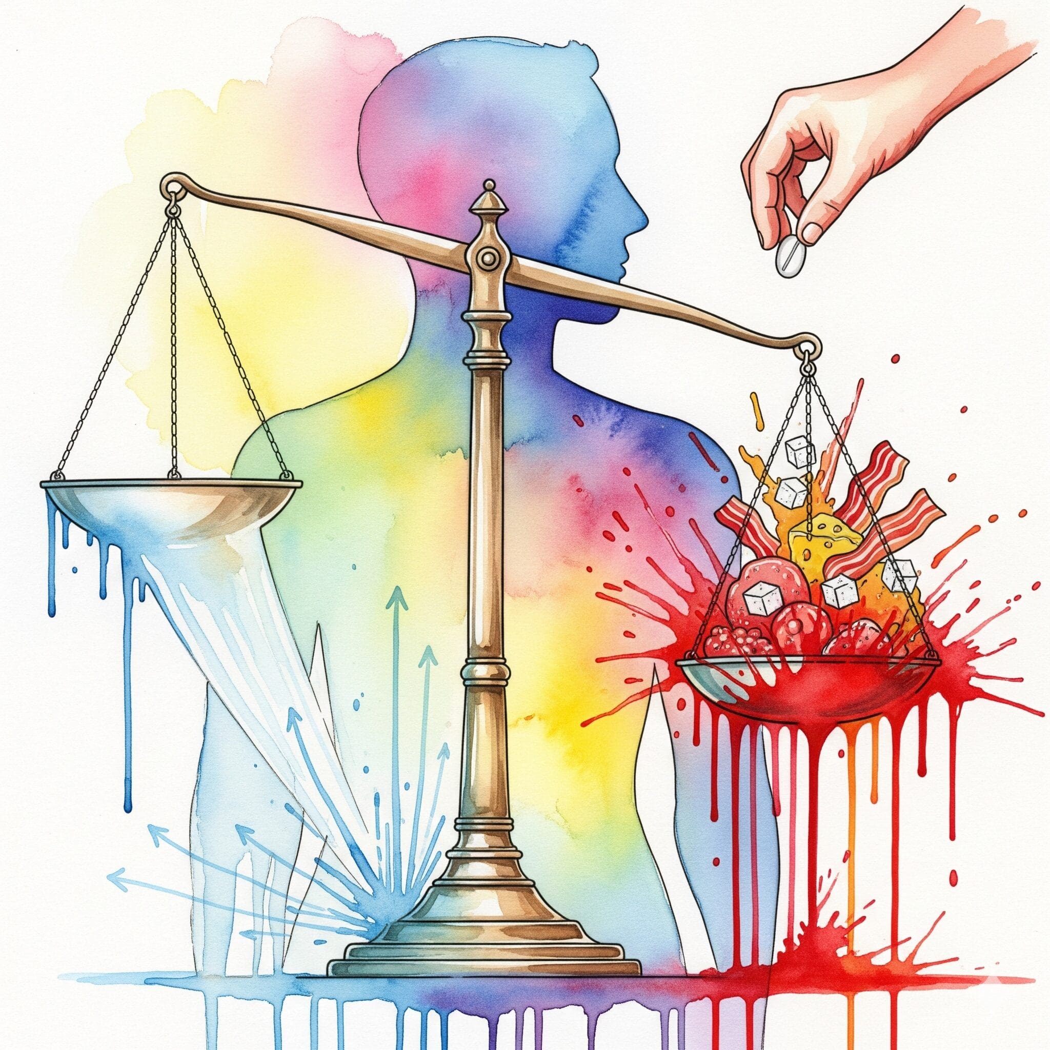 Symbolische Darstellung des metabolischen Syndroms durch Quetiapin, bei dem der Stoffwechsel für Zucker und Fett aus dem Gleichgewicht gerät.