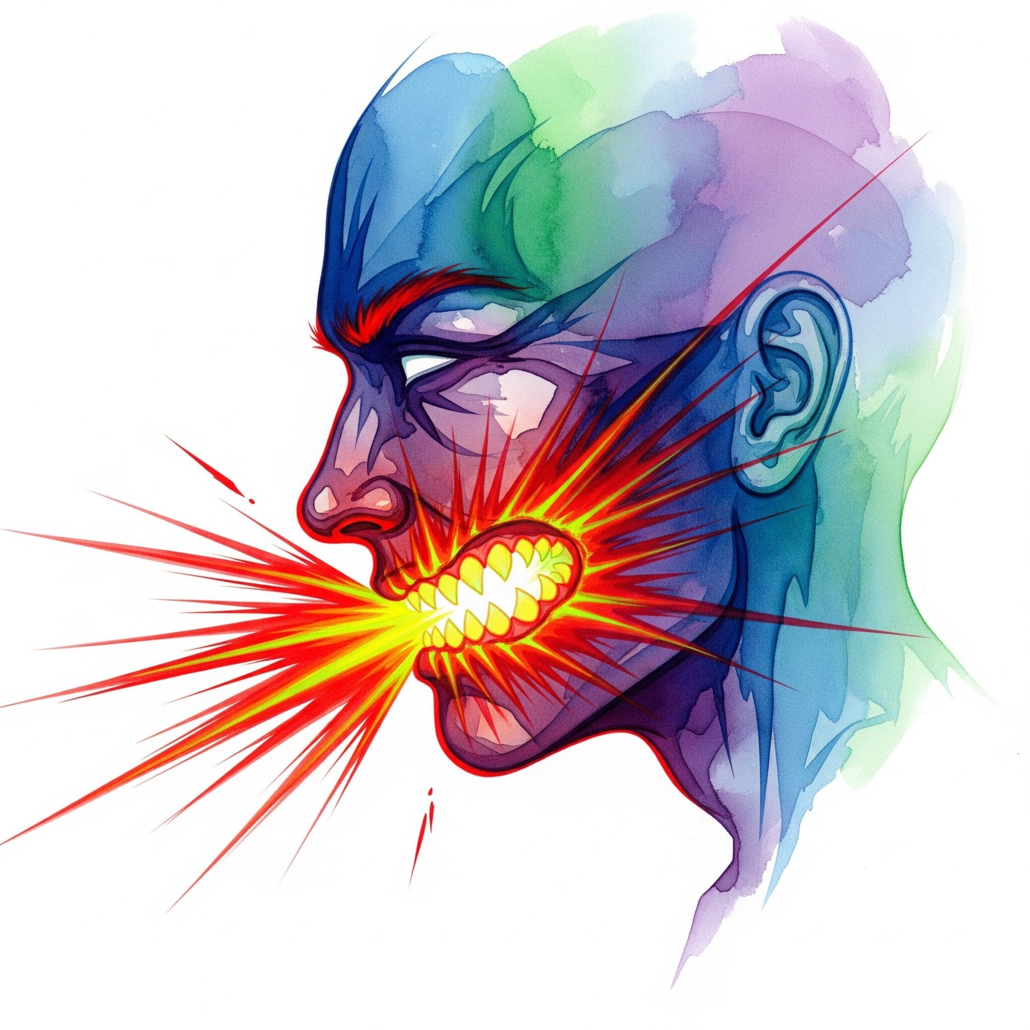 Künstlerische Darstellung des durch Amphetamin ausgelösten Zähneknirschens (Bruxismus), gezeigt als ein leuchtender, vibrierender Kiefer in einem Gesicht.