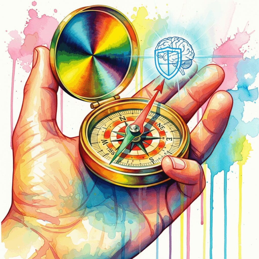 Symbolische Darstellung von Harm Reduction und Safer Use als Kompass, der eine informierte und schützende Entscheidung beim Drogenkonsum ermöglicht.