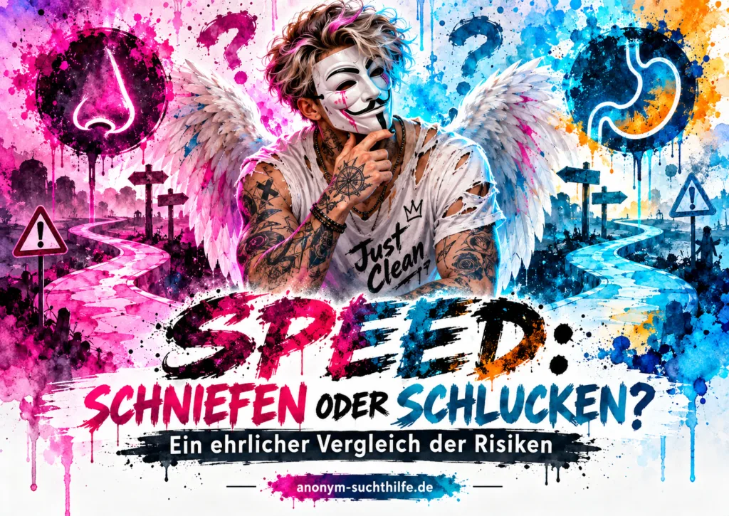 Titelbild zu Speed schniefen oder schlucken mit Wirkung, Risiken, Nase, Magen und Anonym-Suchthilfe-Markenfigur.