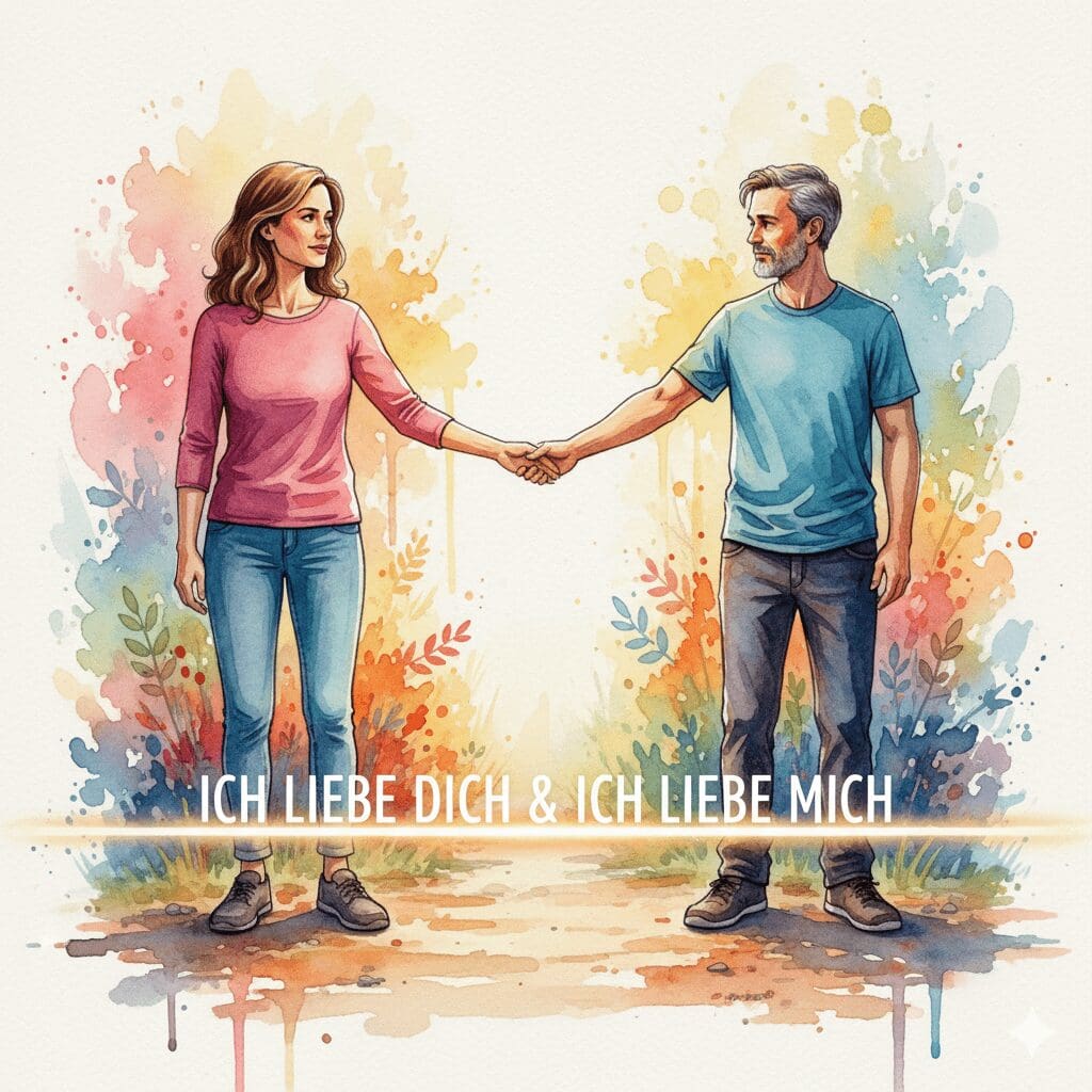 Eine Mutter, die eine klare Grenze zu ihrem Sohn zieht, aber mit einer Haltung der Liebe. Symbol für gesundes, liebevolles Grenzen-Setzen.