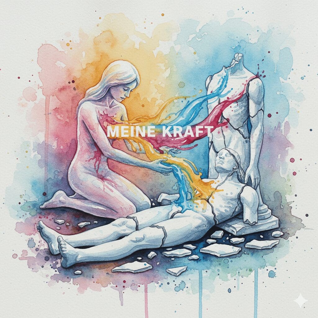 Eine Mutter, deren Energie abfließt, während sie eine zerbrochene Figur zusammensetzt. Symbol für die Selbstaufopferung und das Enabling von Eltern suchtkranker Kinder.