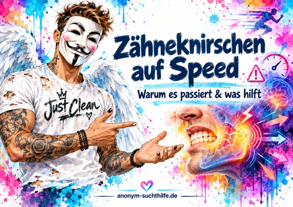 Titelbild zu Zähneknirschen auf Speed mit Amphetamin, Bruxismus, Kieferpressen und Anonym-Suchthilfe-Markenfigur.