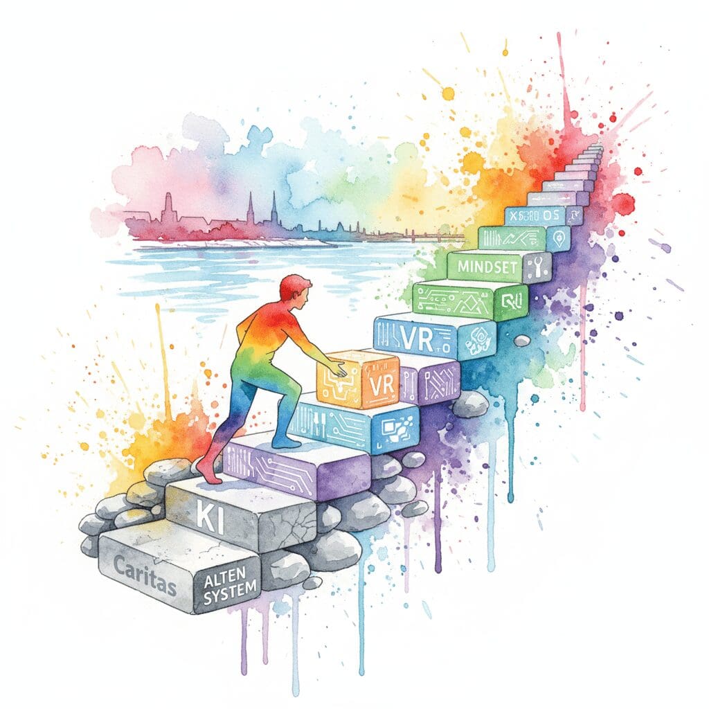 Eine Person baut ihren eigenen Weg aus alten (Therapie) und neuen (KI, VR, Mindset) Bausteinen. Symbol für die individuelle Recovery der Zukunft.