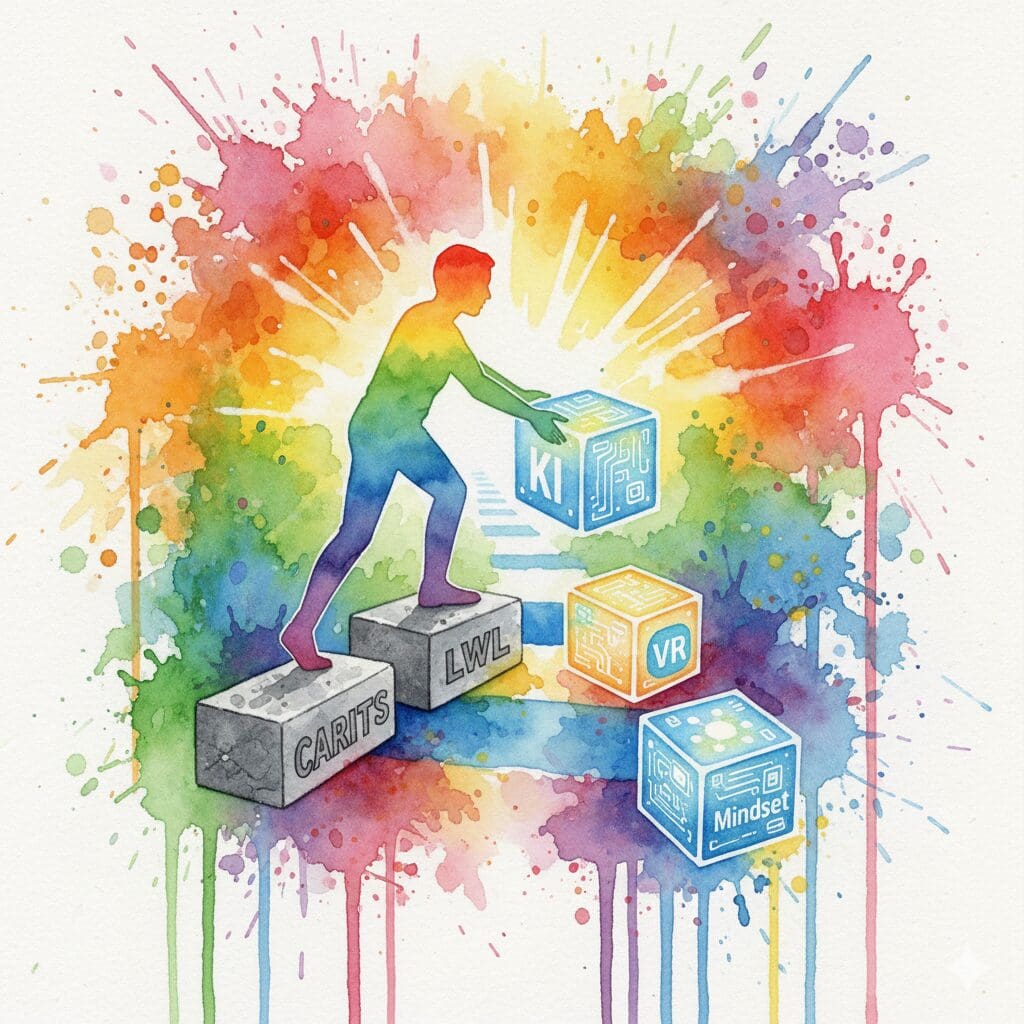 Eine Person baut ihren eigenen Weg aus alten (Therapie) und neuen (KI, VR, Mindset) Bausteinen. Symbol für die individuelle Recovery der Zukunft.