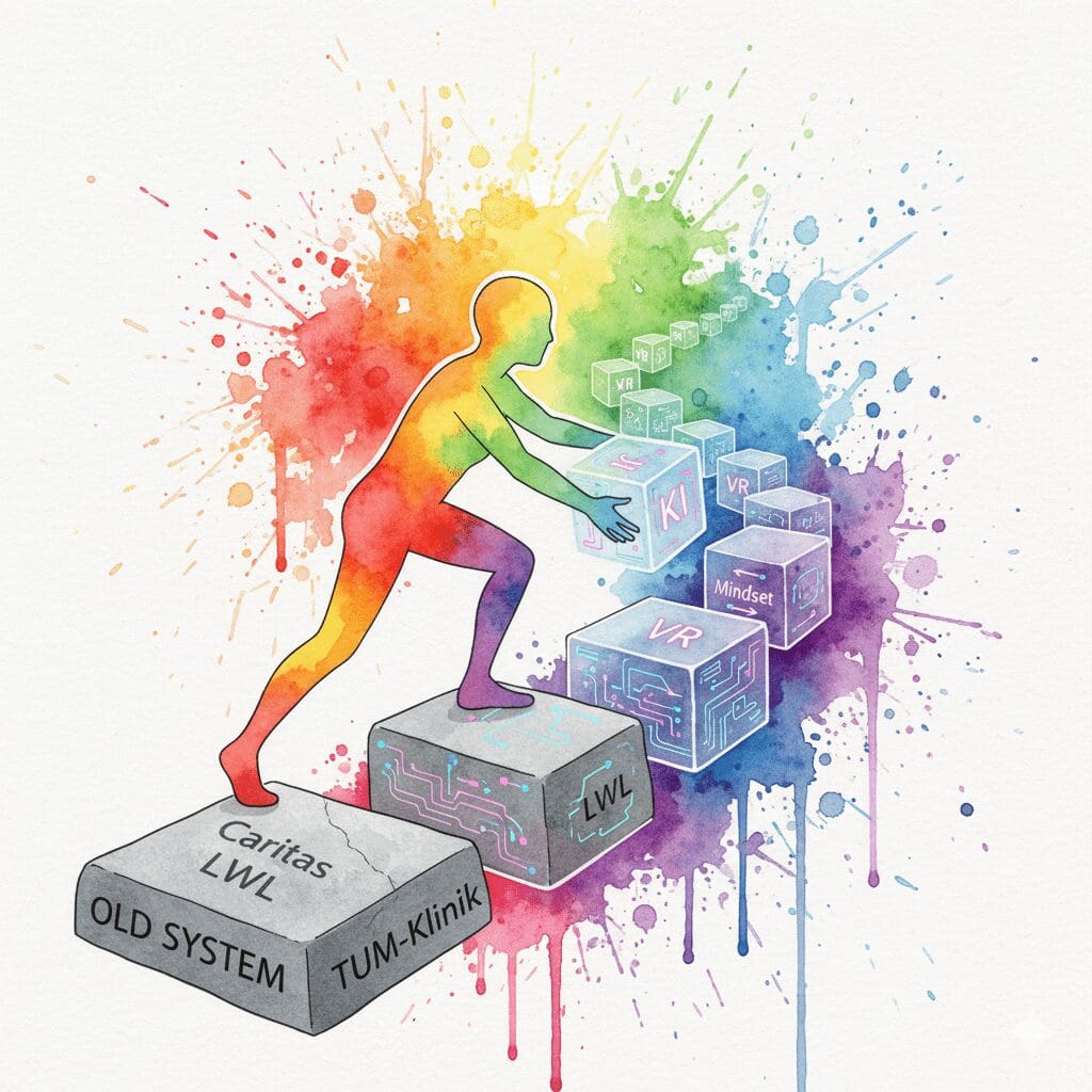 Eine Person baut ihren eigenen Weg aus alten (Therapie) und neuen (KI, VR, Mindset) Bausteinen. Symbol für die individuelle Recovery der Zukunft.