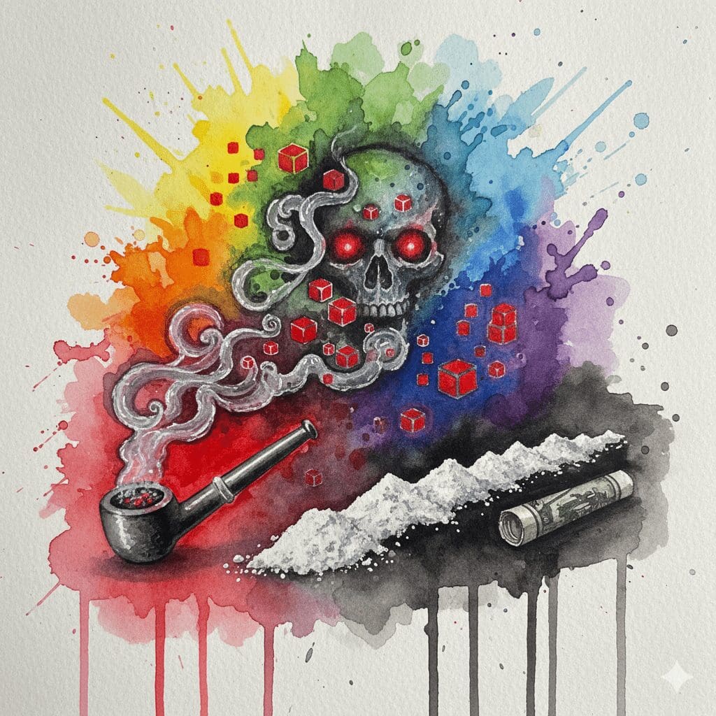 Gestrecktes Heroin/Crack mit rot leuchtenden Fentanyl/Nitazen-Partikeln. Symbol für die unsichtbare Überdosis-Gefahr in der Duisburger Szene.