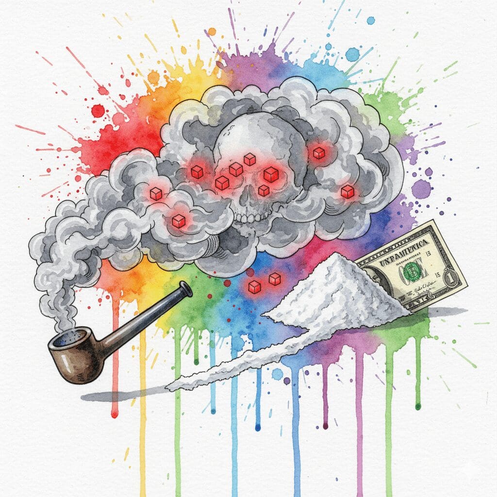 Gestrecktes Kokain/Crack mit rot leuchtenden Fentanyl/Nitazen-Partikeln. Symbol für die unsichtbare Überdosis-Gefahr in der Essener Szene.