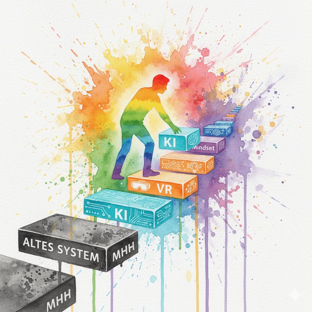 Eine Person baut ihren eigenen Weg aus alten (Therapie) und neuen (KI, VR, Mindset) Bausteinen. Symbol für die individuelle Recovery der Zukunft.