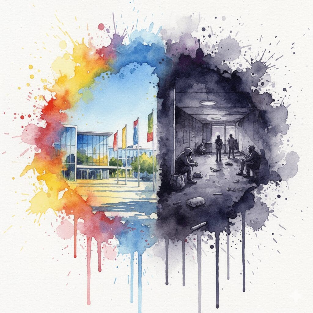 Geteiltes Bild: Links die saubere Hannover-Messe, rechts die harte Drogenszene am Raschplatz. Symbol für die zwei Gesichter der Stadt.