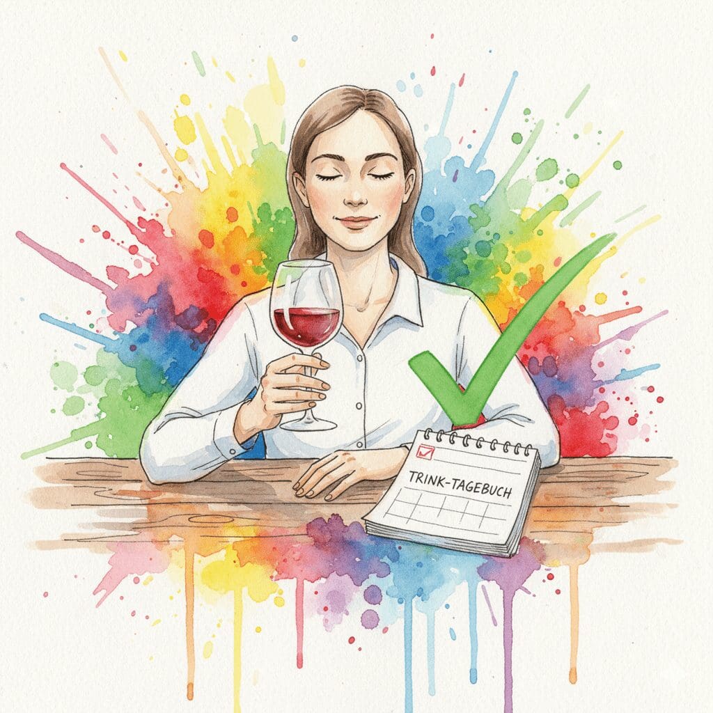 Eine Person mit einem Glas Wein und einem Trink-Tagebuch. Symbol für das "AkT"-Programm (Kontrolliertes Trinken) in Nürnberg.