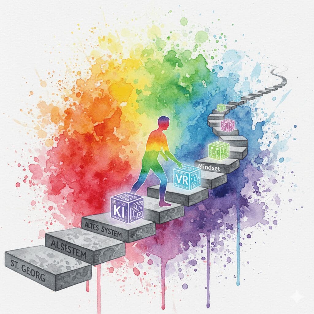 Eine Person baut ihren eigenen Weg aus alten (Klinik) und neuen (KI, VR, Mindset) Bausteinen. Symbol für die individuelle Recovery der Zukunft.