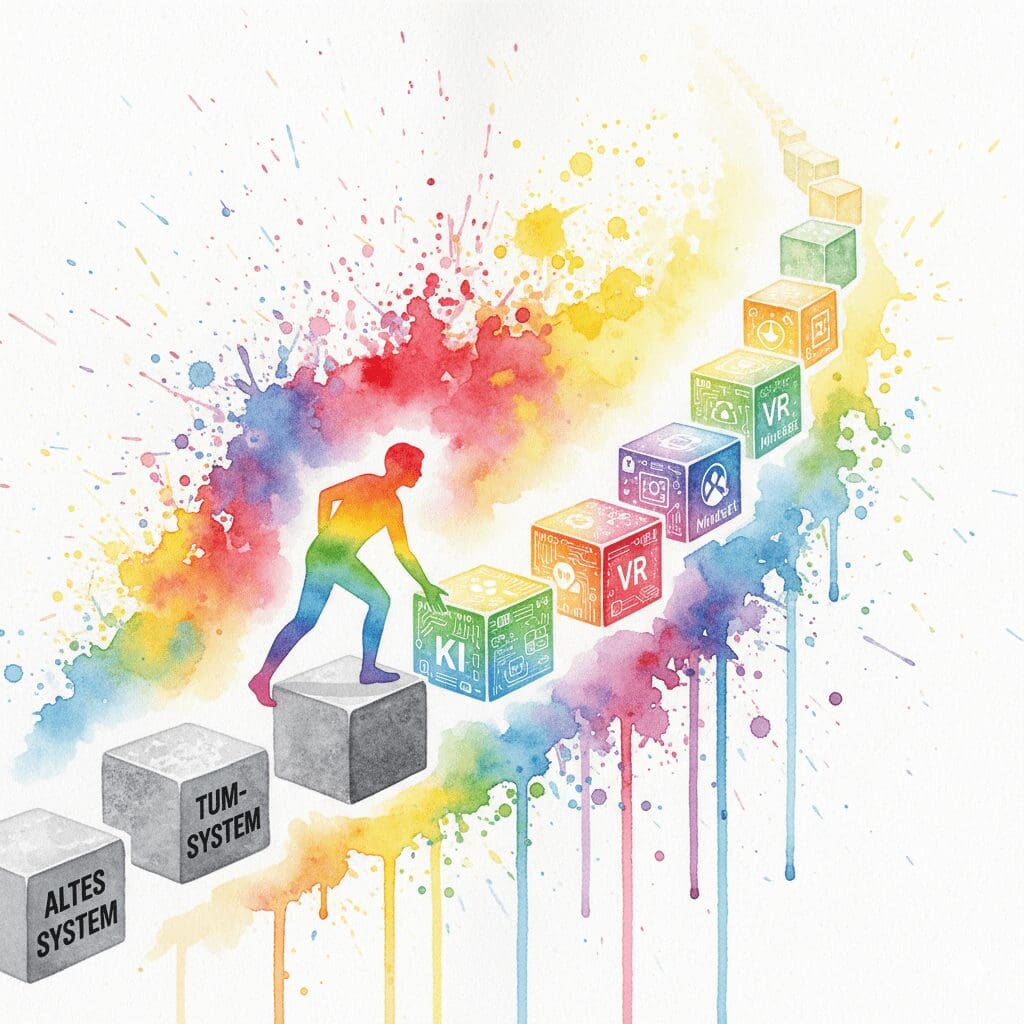 Eine Person baut ihren eigenen Weg aus alten (Therapie) und neuen (KI, VR, Mindset) Bausteinen. Symbol für die individuelle Recovery der Zukunft.