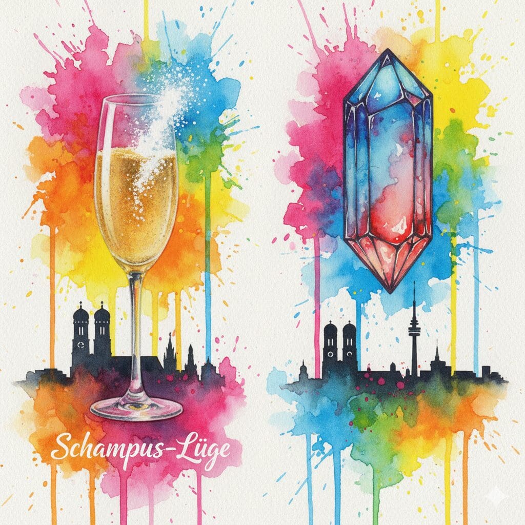 Geteiltes Bild der Münchner Sucht-Realität: Links ein Schampus-Glas mit Kokain, rechts ein Meth-Kristall. Symbol für die versteckte Oberschicht-Sucht und die Meth-Welle.