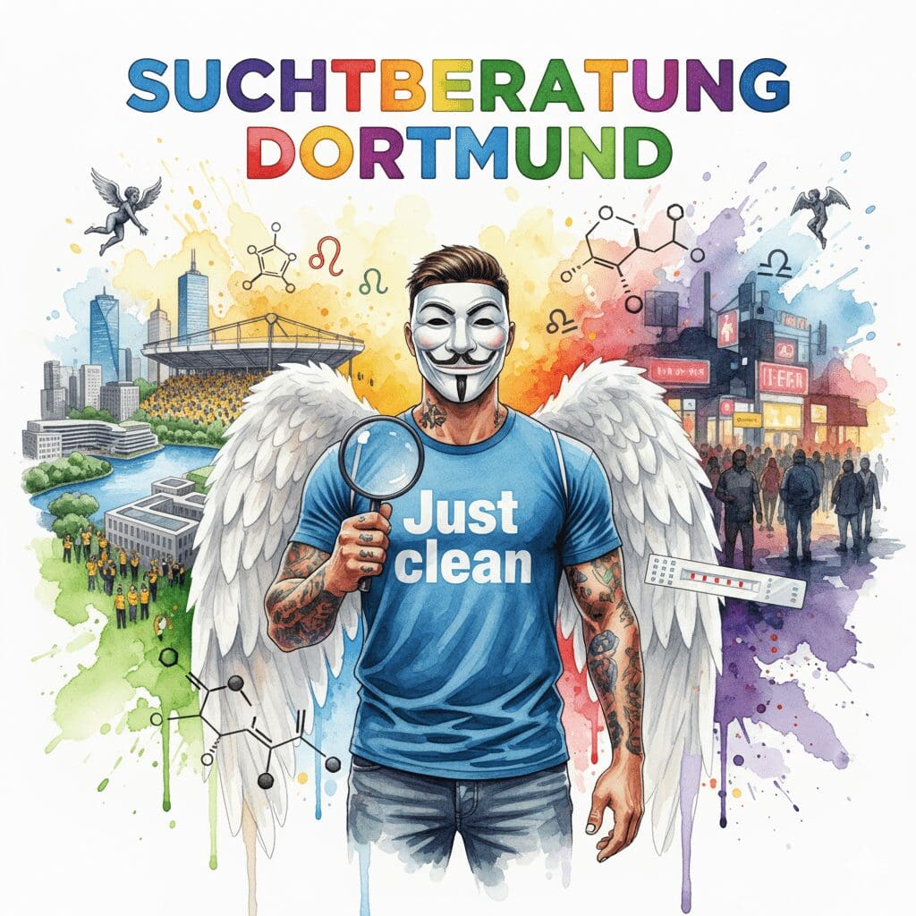 Titelbild "SUCHTBERATUNG DORTMUND". Die NeelixberliN-Figur hält eine Lupe vor die geteilte Skyline von Dortmund (Signal Iduna Park vs. Nordstadt-Drogenszene). Crack- und Fentanyl-Symbole schweben im Bild.
