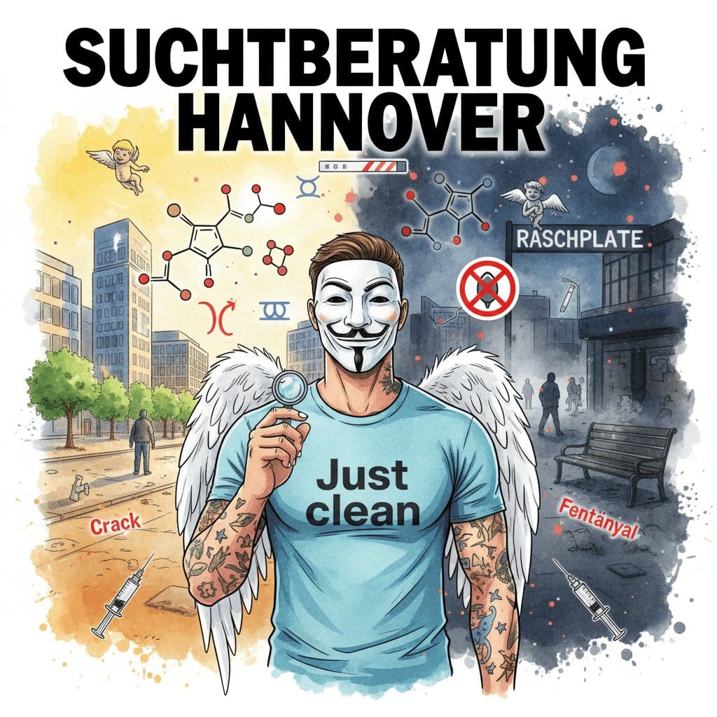 Titelbild "SUCHTBERATUNG HANNOVER". Die NeelixberliN-Figur hält eine Lupe vor die geteilte Skyline von Hannover (Messe vs. Raschplatz-Drogenszene). Crack- und Fentanyl-Symbole sowie ein durchgestrichenes Drugchecking-Symbol schweben im Bild.