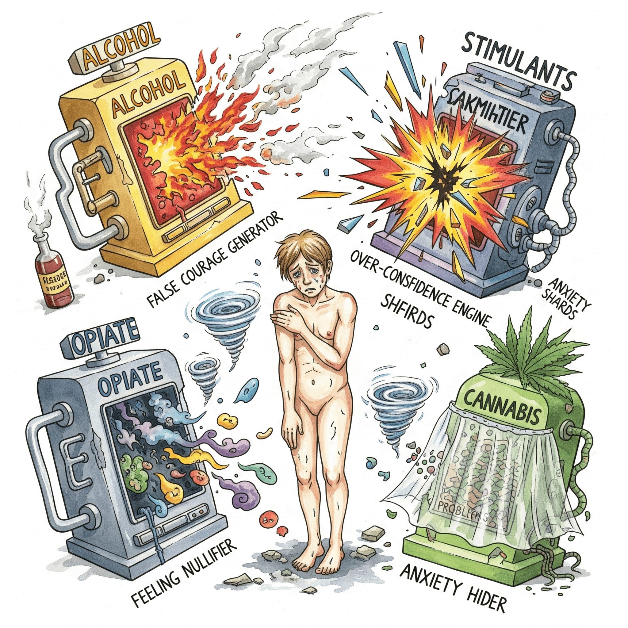 Angst Verstärker Matrix verschiedene Süchte Performance Alkohol Stimulanzien Opiate Cannabis Maschinen zerbrochen ängstliche Figur