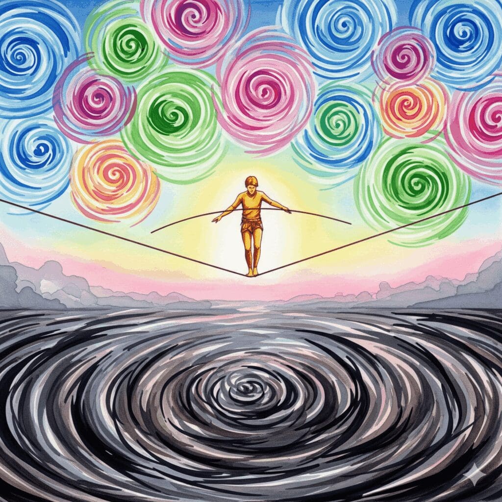 Watercolor-Illustration einer Person auf Seil balancierend, unter ihr chaotische graue Wirbel (destruktive Sensation-Seeking), über ihr kontrollierte bunte Energiewirbel (gesunde Kink-Praxis)