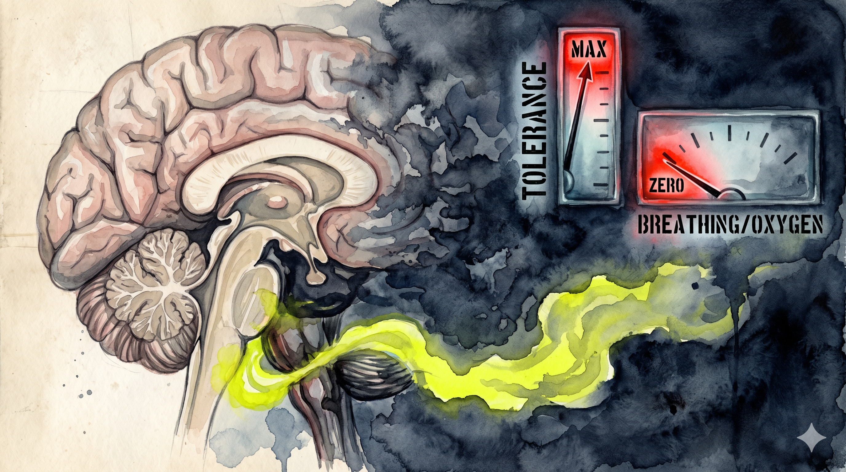 Aquarell eines Gehirns, bei dem toxischer gelber Rauch den Hirnstamm abschnürt. Messgeräte zeigen eine maximale Toleranz und einen abfallenden Sauerstoffgehalt.
