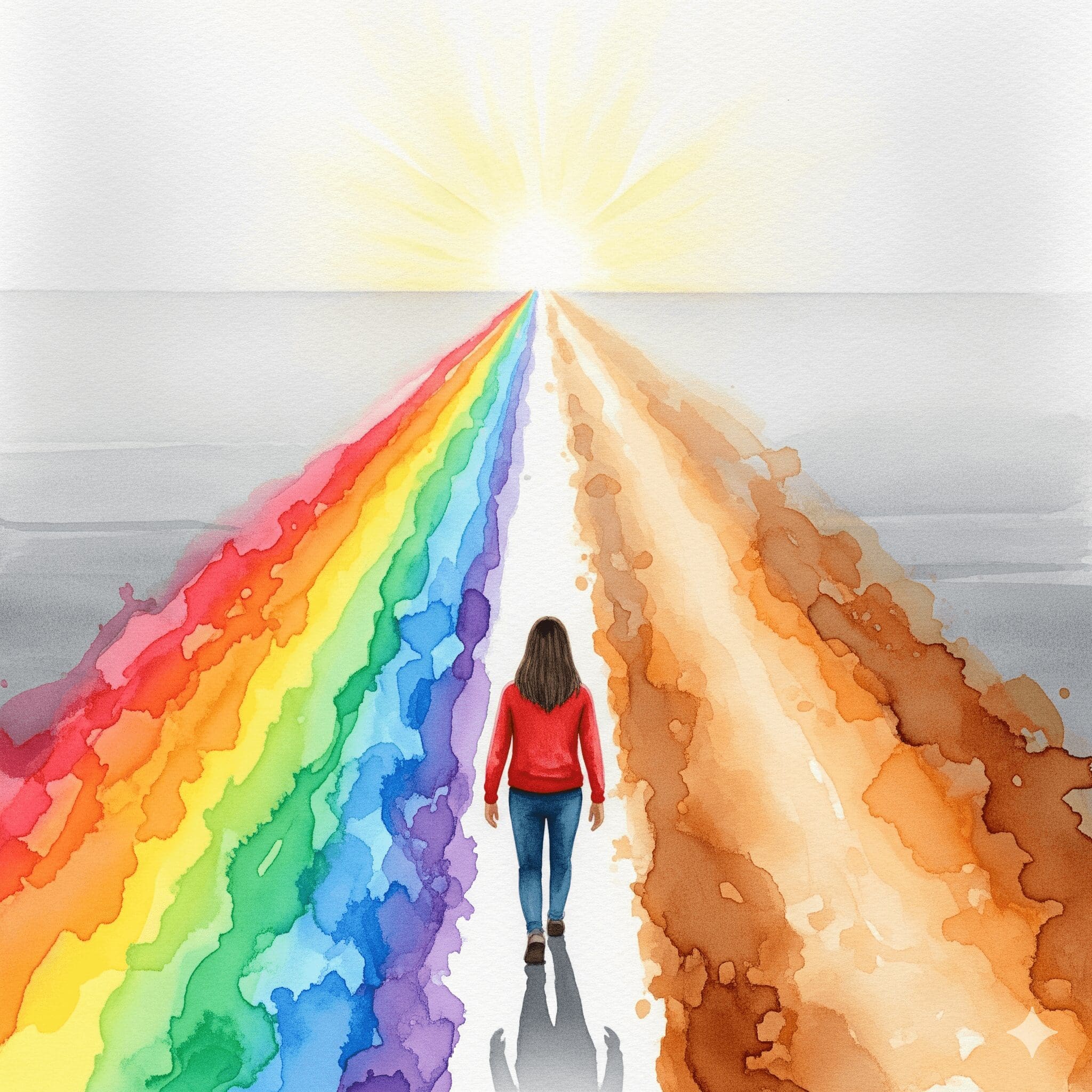 Künstlerische Darstellung der Befreiung zur sexuellen Authentizität in der Recovery, gezeigt als eine Person, die eine graue Zone verlässt und dabei bunte Wege enthüllt.