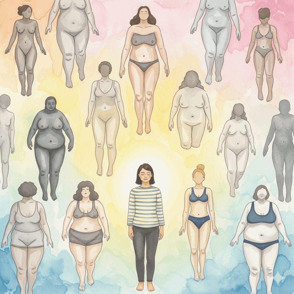 Person mit geschlossenen Augen, umgeben von verschiedenen Körperformen in neutralen Tönen - Body Neutrality Konzept 