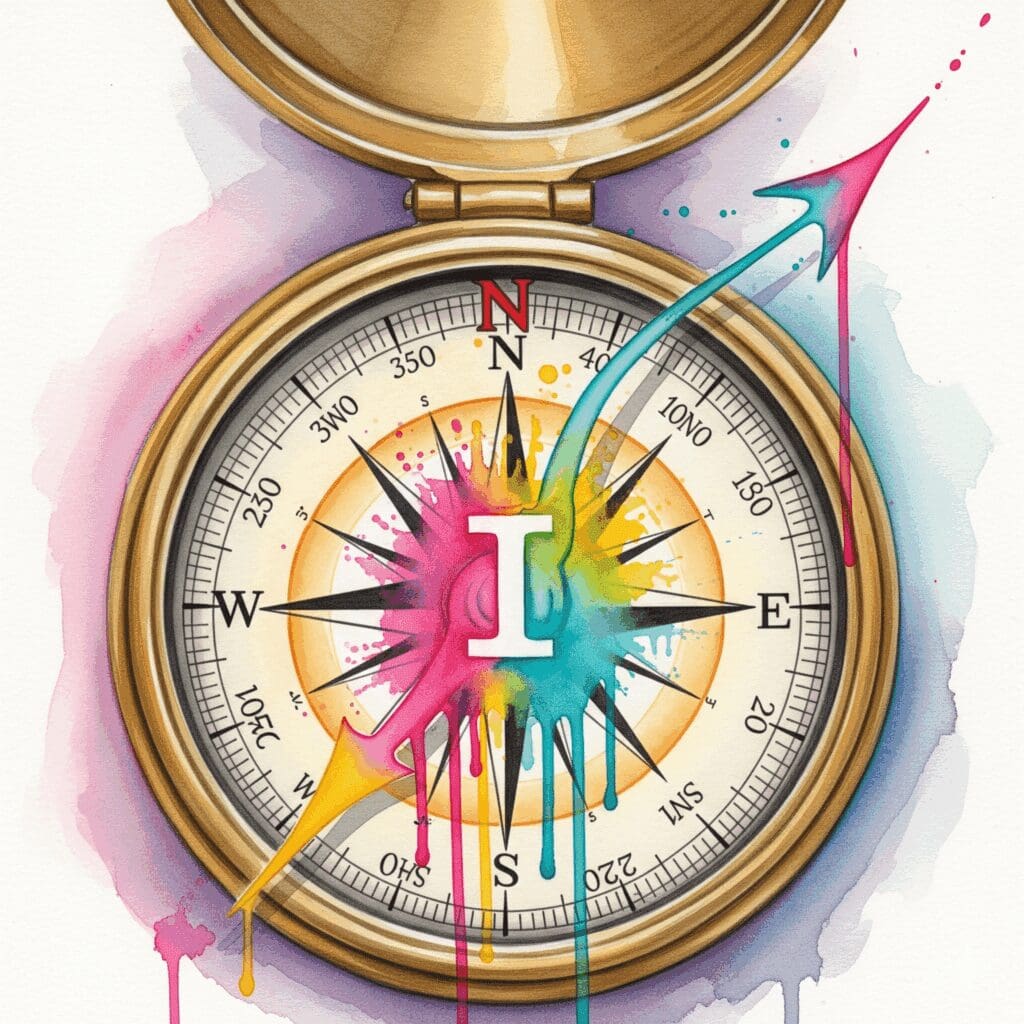 Ein Kompass, dessen Nadel auf das eigene Ich in der Mitte zeigt, als Symbol dafür, den Fokus in der Heilung von Co-Abhängigkeit wieder auf sich selbst zu richten.