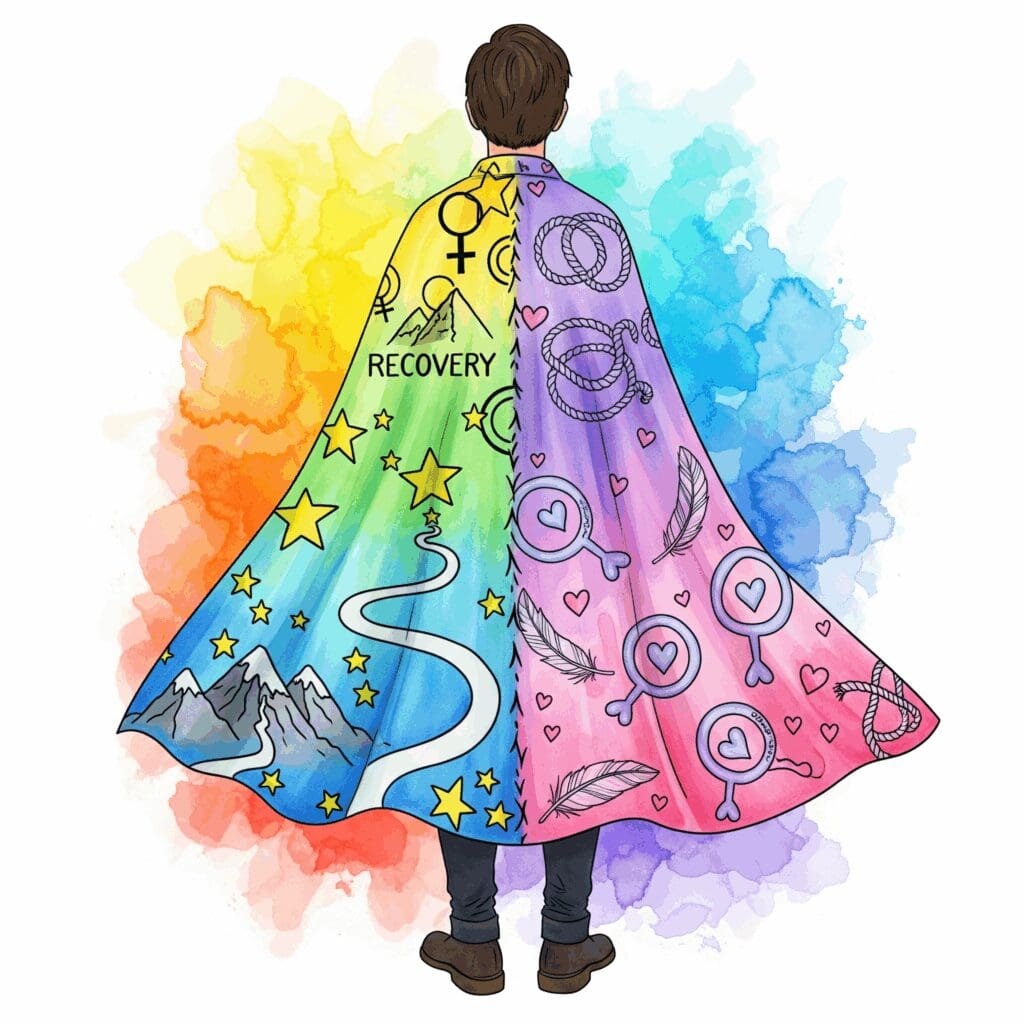 Watercolor-Darstellung einer selbstbewussten Person mit Cape in zwei Mustern: Recovery-Symbole (Sterne, Berge) und Kink-Symbole (Seile, Herzen), beide Seiten fließen harmonisch zusammen