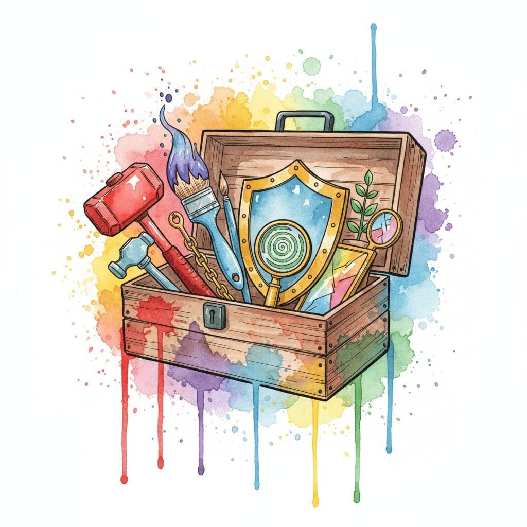 Eine offene Werkzeugkiste mit einem Hammer für die Wut, aber auch vielen anderen Werkzeugen, die eine erweiterte emotionale Palette symbolisieren.